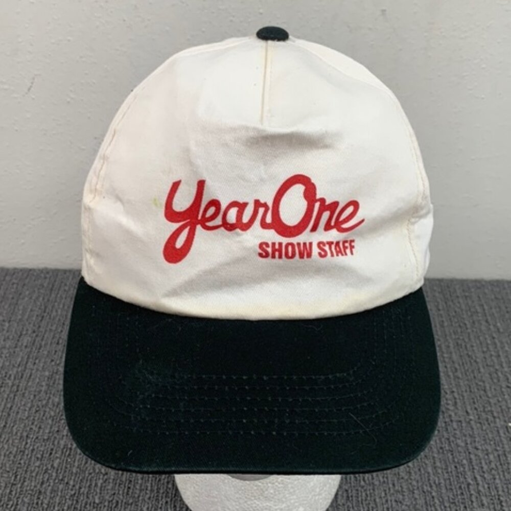 Vtg Year One Show Staff Snapback Hat Adjustable Off White Black Sportsman Cap